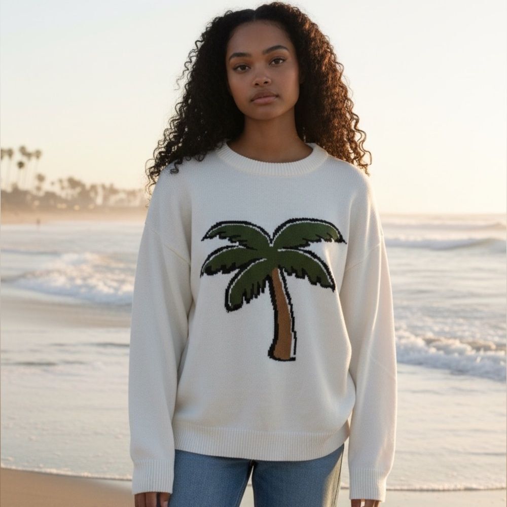 English Factory Creme Palm Tree Crewneck Sweater Sz S Coastal Beach Tropical